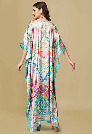 Digital Print Crepe Long Kaftan Dress in Beige