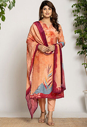 Digital Print Pure Silk Pakistani Suit in Peach