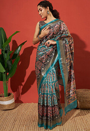 Digital Print Tissue Silk Saree in Blue