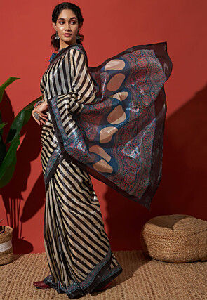 Digital Print Tissue Silk Saree in Cream