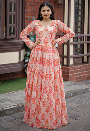 Digital Printed   Chanderi Cotton Maxi Dress in Peach