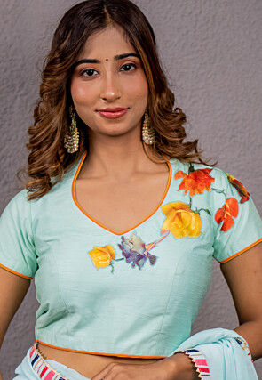 Digital Printed  Art Dupion Silk Blouse in Sky Blue