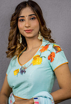 Digital Printed  Art Dupion Silk Blouse in Sky Blue