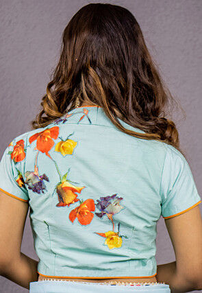 Digital Printed  Art Dupion Silk Blouse in Sky Blue