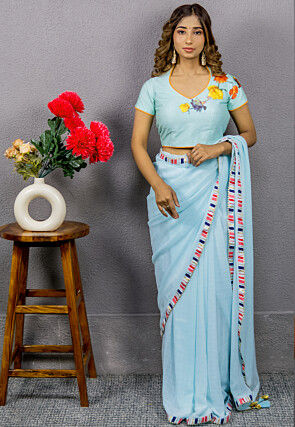 Digital Printed  Art Dupion Silk Blouse in Sky Blue