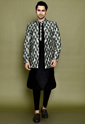 Digital Printed Art Dupion Silk Kurta Set in Black