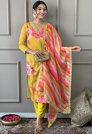 Digital Printed Art Muslin Silk Aline Suit in Yellow