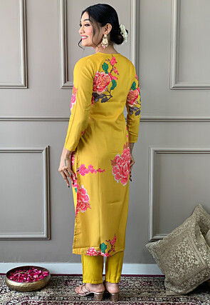 Digital Printed Art Muslin Silk Aline Suit in Yellow