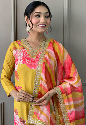 Digital Printed Art Muslin Silk Aline Suit in Yellow