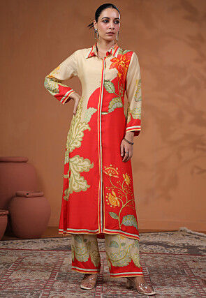 Digital Printed  Art Muslin Silk Straight Kurta Set in Beige and Red