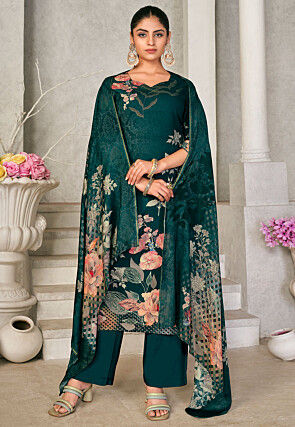 Digital Printed Pashmina Silk Pakistani Suit in Dark Green