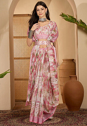 Digital Printed Linen Shimmer Silk Saree in Pink