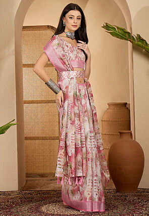 Digital Printed Linen Shimmer Silk Saree in Pink
