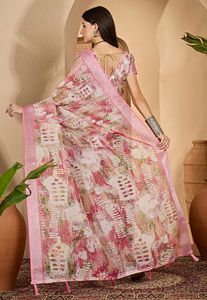Digital Printed Linen Shimmer Silk Saree in Pink