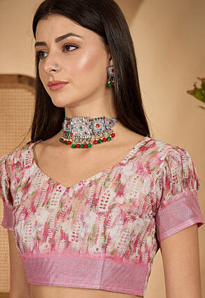 Digital Printed Linen Shimmer Silk Saree in Pink