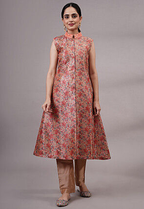 Digital Printed Art Silk A Line Kurta Set in Multicolor