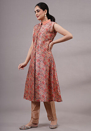 Digital Printed Art Silk A Line Kurta Set in Multicolor
