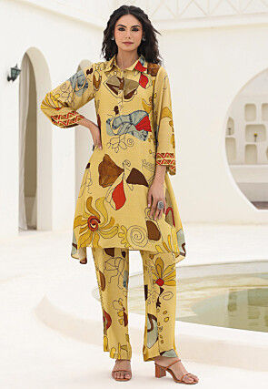 Digital Printed Art Silk A Line Kurta Set in Yellow
