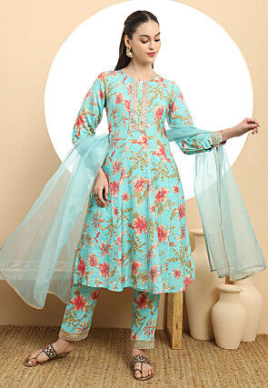 Digital Printed Art Silk A Line Suit in Blue