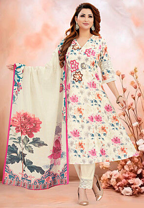 Digital Printed Art Silk A Line Suit in Cream