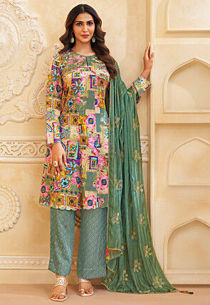 Digital Printed Art Silk A Line Suit in Dusty Green