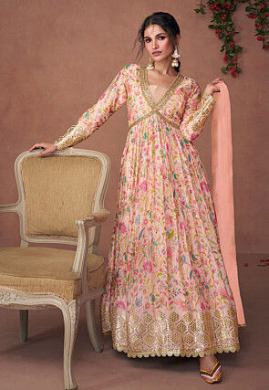 Digital Printed Art Silk Abaya Style Kameez in Light Pink