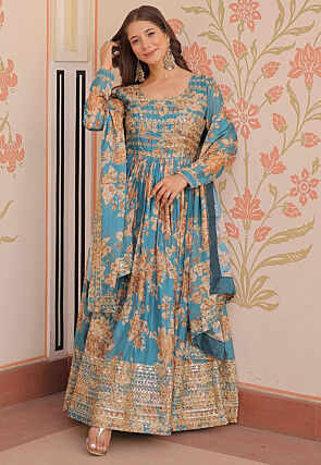 Digital Printed Art Silk Abaya Style Suit in Blue