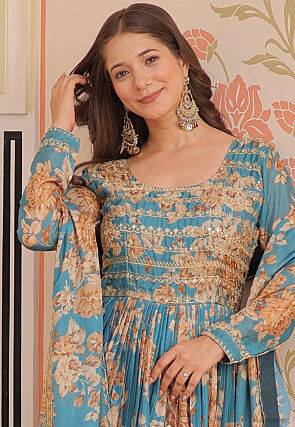 Digital Printed Art Silk Abaya Style Suit in Blue
