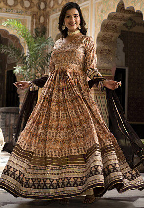 Digital Printed Art Silk Abaya Style Suit in Brown