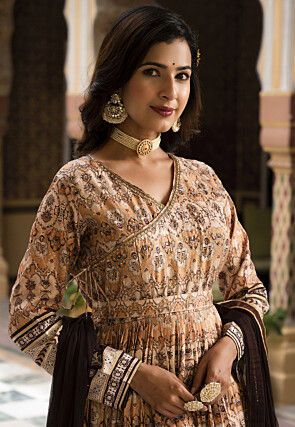 Digital Printed Art Silk Abaya Style Suit in Brown