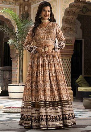Digital Printed Art Silk Abaya Style Suit in Brown