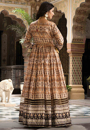 Digital Printed Art Silk Abaya Style Suit in Brown
