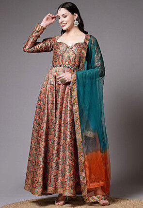 Digital Printed Art Silk Abaya Style Suit in Brown