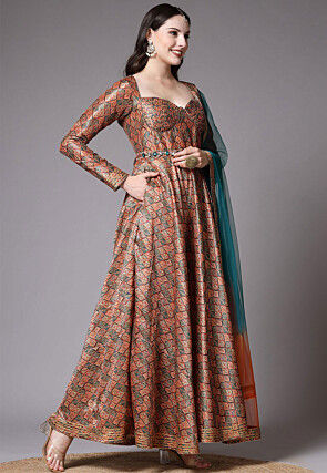Digital Printed Art Silk Abaya Style Suit in Brown