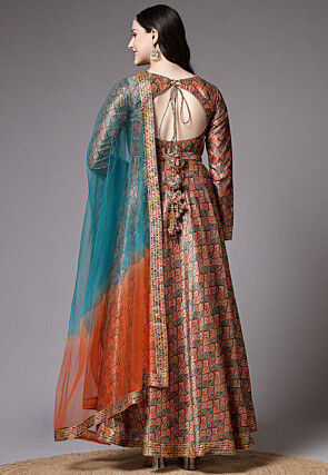 Digital Printed Art Silk Abaya Style Suit in Brown