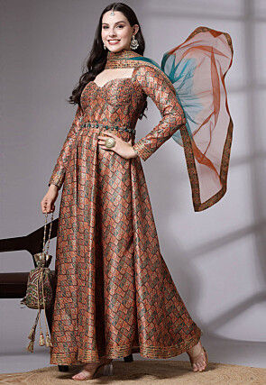 Digital Printed Art Silk Abaya Style Suit in Brown