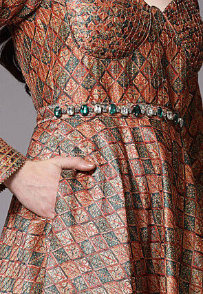 Digital Printed Art Silk Abaya Style Suit in Brown