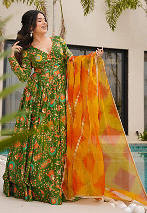 Digital Printed Art Silk Abaya Style Suit in Green