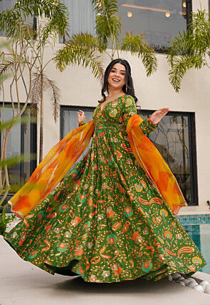 Digital Printed Art Silk Abaya Style Suit in Green