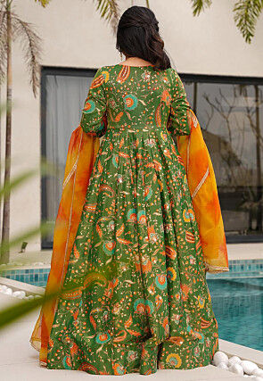 Digital Printed Art Silk Abaya Style Suit in Green