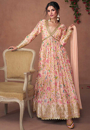Digital Printed Art Silk Abaya Style Kameez in Light Pink