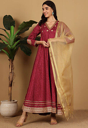 Digital Printed Art Silk Abaya Style Suit in Maroon