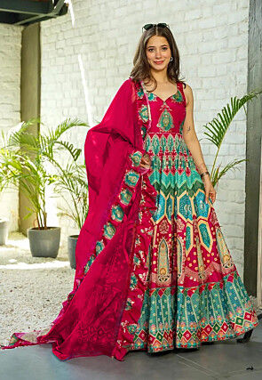 Digital Printed Art Silk Abaya Style Suit in Multicolor