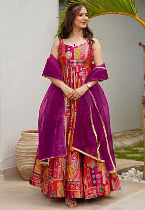 Digital Printed Art Silk Abaya Style Suit in Multicolor
