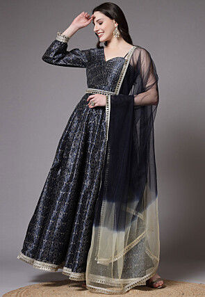 Digital Printed Art Silk Abaya Style Suit in Navy Blue