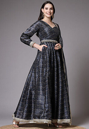 Digital Printed Art Silk Abaya Style Suit in Navy Blue