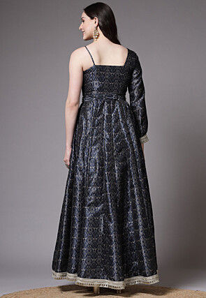 Digital Printed Art Silk Abaya Style Suit in Navy Blue