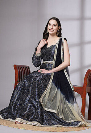 Digital Printed Art Silk Abaya Style Suit in Navy Blue