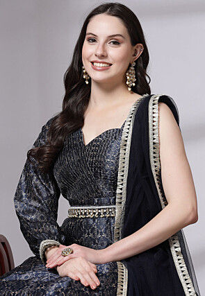 Digital Printed Art Silk Abaya Style Suit in Navy Blue