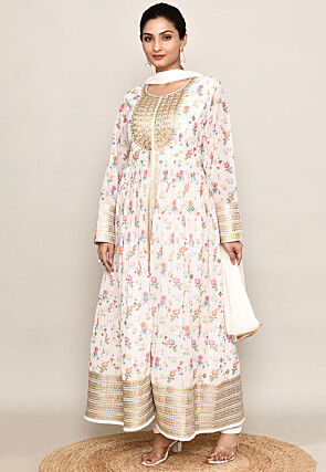 Digital Printed Art Silk Abaya Style Suit in Off White